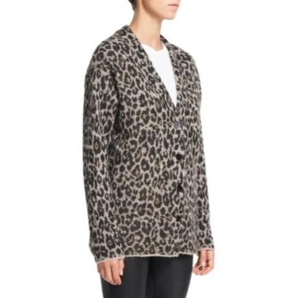 NEW THEORYsize L Leopard Print Jacquard Cardigan Alpaca Blend Button $395